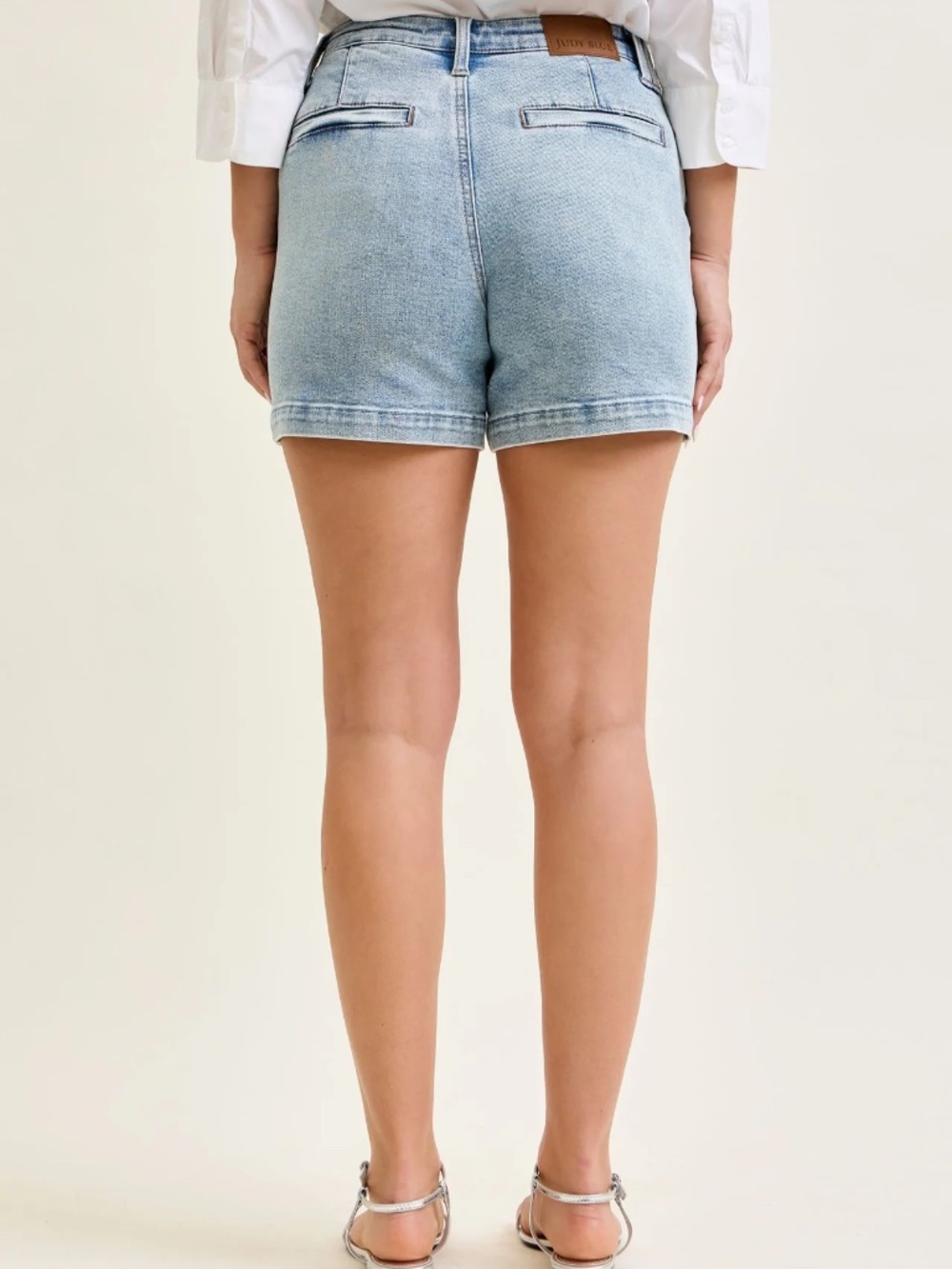 HIGH WAIST LIGHT WASH DENIM TROUSER SHORTS - Picture 2 of 4